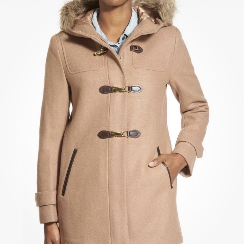 Cole Haan Wool Coat with Faux Fur Hood size 8 camel/ tan